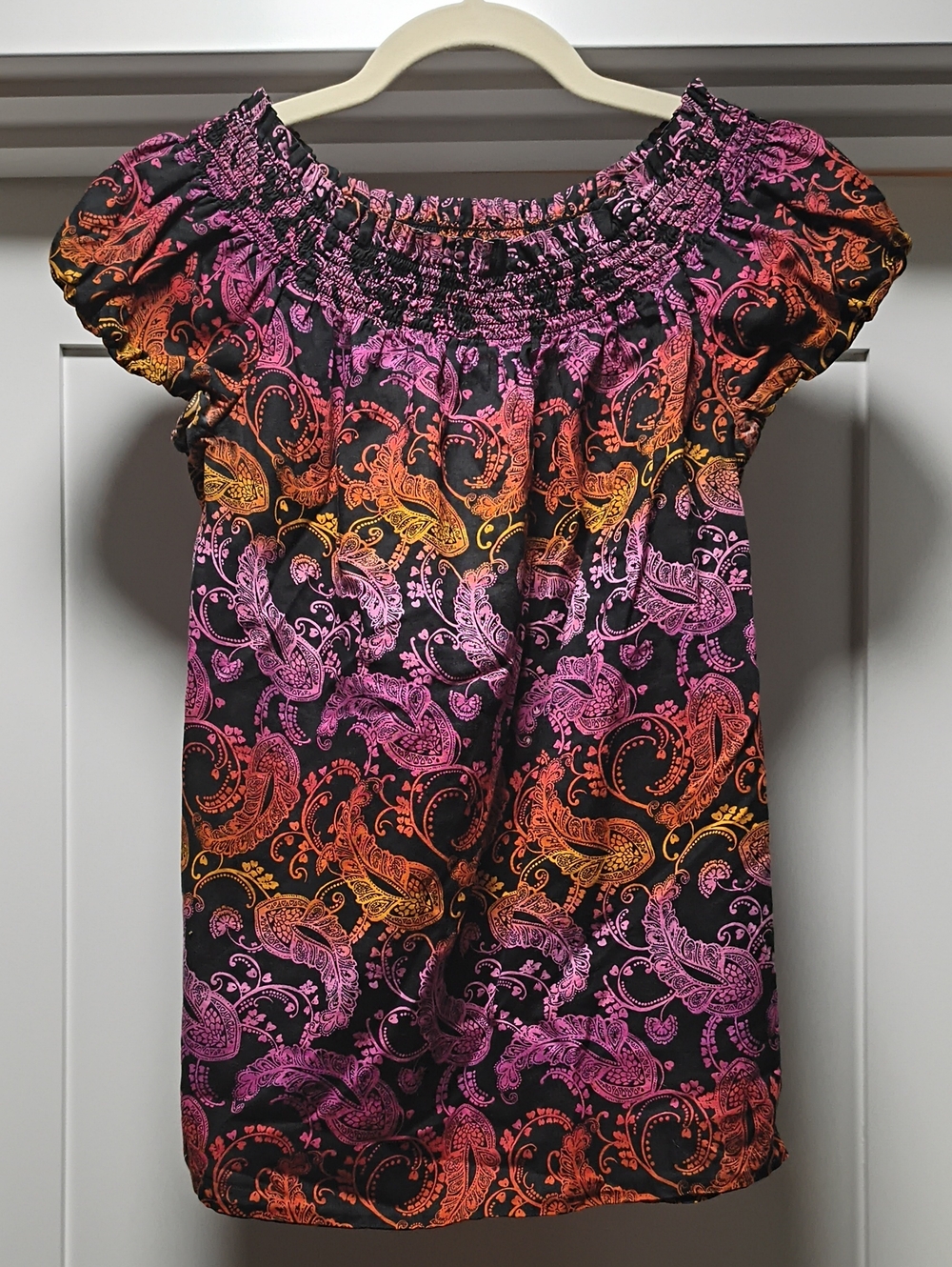Express Black Off-Shoulder Top with Pink and Orange Paisley